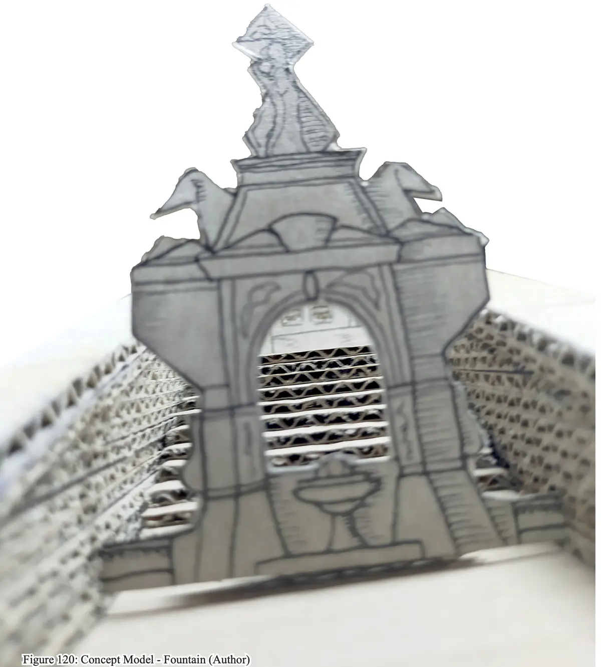 Concept Model - The model represents the idea of digging into the High Street itself. The idea was to drastically alter the form of the High Street to a point that it altered the ways that people in Dudley would live their day-to- day, changing the theatre of their lives, so that they could learn about their own history, their legacy, and about the endless possibilities of Dudley’s future. The idea was inspired by the word “Cut”, which in Black Country Dialect means “Canals”, as they were long cuts through the land. 

Dudley’s fountain represents the Middle Ages, showing the growth of Dudley over time. While it was the Capital of the Black Country (and still is), the Middle Ages is when Dudley saw itself come into it’s own place, being recognised as a big market town, and slowly expanding it’s territories and influence.

The Castle represents the Dudley Castle, built in the 11th Century. Ruling over the land, the Castle is a key component of the Legacy of Dudley, sitting on the highest point for miles around, rich with history, from Being demolished twice, to the civil war, to now watching over the Zoo.

The factories represent the Industrial Revolution era of Dudley, a time when Dudley was the king of England, and basically ran the entire process. It was an important aspect of Dudley’s Legacy, and sits as probably its crowning glory - even if today we can recognise the disastrous affects it had on the world in the short period of time the era passed.

The Market represents the modern day. Dudley has seen better years, but it is with this project that I propose that even better ones are just around the corner. While people don’t look fondly at Dudley, those from there have a fierce dedication to the legacy of Dudley, which hopefully will burn to a brighter future. - Oscar Law Concept Model - Fountain.png